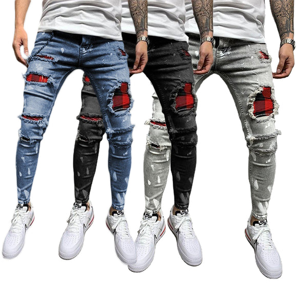 Wholesale 2020 Slim-Fit Ripped Holes New Men's Painted Paint Jeans Patch Beggar Little Feet Pants Jumbo Size S-3xl