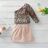 FOCUSNORM 0-6y Fashion Kids Girls Clothes Sets 2pcs Leopard Printed Long Sleeve One Shoulder Tops Solid A-Line Skirts