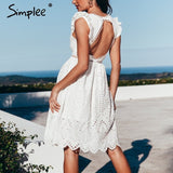 Simplee Sexy white women summer dress Backless v neck ruffle cotton lace dress Vintage holiday beach short female vestidos