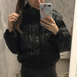 Ailegogo Winter Thick Warm Short Parkas Women Fashion Black PU Leather Coats Ladies Elegant Zipper Cotton Jackets Female Ouwear