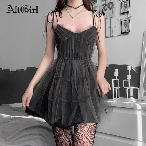 AltGirl Dark Gothic Elegant Dress Women Emo Alt Vintage Mesh Patchwork