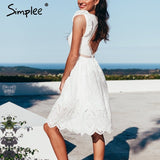 Simplee Sexy white women summer dress Backless v neck ruffle cotton lace dress Vintage holiday beach short female vestidos