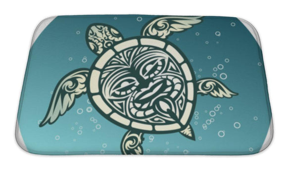 Bath Mat, Swimming Sea Turtle With Polynesian Tribal Pattern