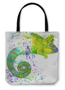 Tote Bag, Chameleon Illustration With Splash Watercolor D