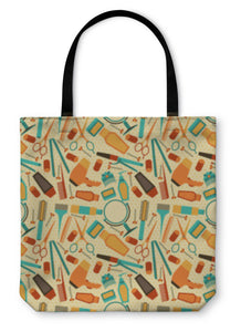 Tote Bag, Hairdressing Tools Pattern In Retro Style