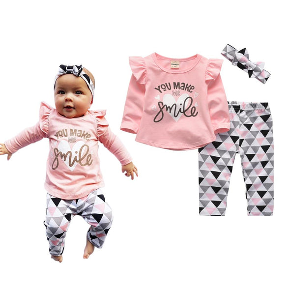 3Pcs Newborn Baby Girls Clothes Set Letter You Make Me Smile Long Sleeve Tops Casual Pants and Headband Infant Clothing Outfits