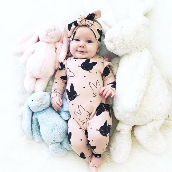 2Pcs Baby Girls Romper Cartoon Rabbit Pattern Cotton Long Sleeve Jumpsuit+Headband Outfits Set Newborn Infant Clothes