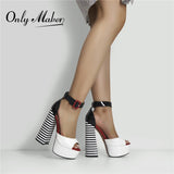 Onlymaker Women Sandals Platform Peep Toe Chunky Square Heels Ankle Strap Sandals Black And White Stripes Party Fashion Shoes