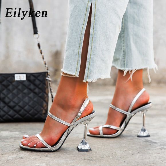 Eilyken New Silver Back Strap Sandals Transparent Perspex Heel Spike Crystal Slingbacks Women Wedding Pumps Shoes