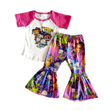 New arrival kids spring summer 2pieces set fashion girl short sleeve outfit baby girl shirt and bell pants outfit with cartoon
