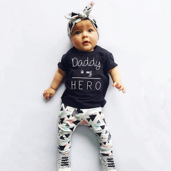Summer Newborn Infant Baby Girl Clothes Daddy is my Hero Short Sleeve T-shirt Tops+Pants+Headband Toddler Outfits Set