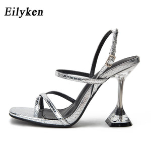 Eilyken New Silver Back Strap Sandals Transparent Perspex Heel Spike Crystal Slingbacks Women Wedding Pumps Shoes