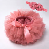 Baby girl tutu skirt 2pcs tulle lace bloomers Newborn infant outfits  Mauv headband flower set Baby mesh bloomer