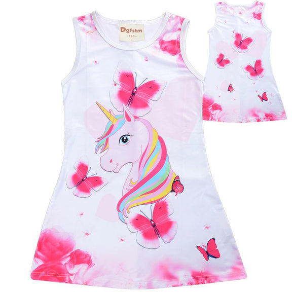 2022 Girls Dress Summer Butterfly Unicorn Print Baby Girls Dresses Party Princess Dress Sleeveless Birthday Christmas Gift Clot