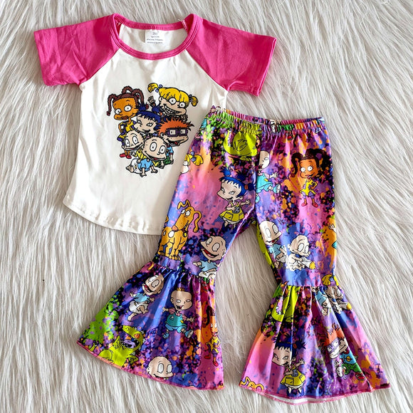 New arrival kids spring summer 2pieces set fashion girl short sleeve outfit baby girl shirt and bell pants outfit with cartoon