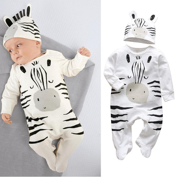 Newborn Infant Baby Boys Romper Clothes Cotton Cute Cartoon Print Long Sleeve Jumpsuit+Hat 2 Pcs Toddler Baby Clothes Outfits