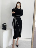 New Autumn Winter Korean Style Temperament Dress Ladies Slim Waist Lace-Up Knitted Mid-Length Sweater Dress Vestidos