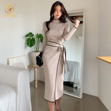 New Autumn Winter Korean Style Temperament Dress Ladies Slim Waist Lace-Up Knitted Mid-Length Sweater Dress Vestidos