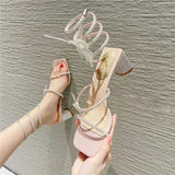 Sandals Fashion Luxury Square Toe Club Rhinestone Snake Wrap High Heel Birthday Wedding Party Shoes