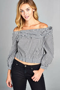 PINSTRIPED OFF THE SHOULDER CROP TOP