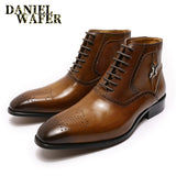 Luxury Men Ankle Boots Genuine Leather Shoes Fashion Printed Medallion Lace Up Pointed Toe Dress Wedding Office Basic Boots Men