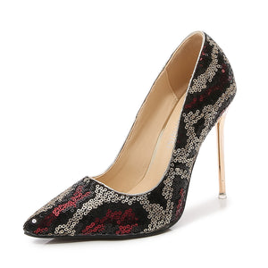 Fashionable Sexy Women's Shoes Sequins Printed Pointed High Heels