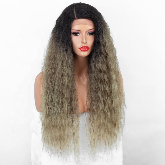 Aliblisswig Natural Looking Dark Root Ombre Blonde Long Curly Right Side Deep Part Heat OK Fiber Hair Lace Front Synthetic Wigs
