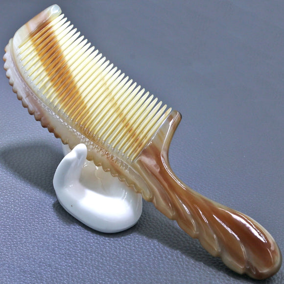 7.87 Inch Natural Tibetan Plateau Yak Horn Comb Round Handles Fine Tooth Comb Anti Static Hair Massage Brush