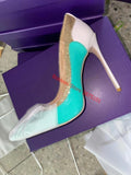 Newest Gold Glitter Patchwork Dress Shoes Pointed Toe Blue White Patent Leather 12cm Stiletto Heels Pumps Celebrating Shoes 43 Bag is not included