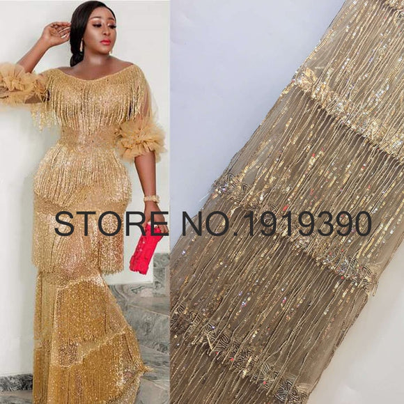 3D 5 Yards Sequined Tassel African Lace Fabric Dress for Women