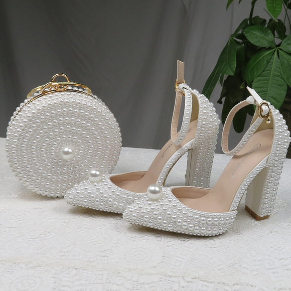 BaoYaFang White Pearl Women Wedding Shoes and Bags Bride High Heels Shoes Ladies Party Dress Shoes Woman Sweet Fashion Pumps