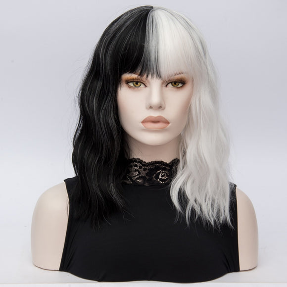 CRUELLA Deville De Vil Cosplay Wigs Curly Half White Half Black Heat Resistant Synthetic Hair Wig + Wig Cap