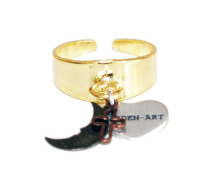 Statement Ring in Gold With Black Moon Charm and Cross