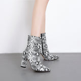 New Classic Snake Pattern Lacquer Bright Leather Thick Heel High Heel Pointed Zipper Boots