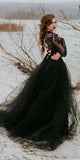 Plus Size Gothic Bride Black Wedding Dresses Lace Long Sleeve v Neck Open Backless a Line Vintage Bridal Gowns