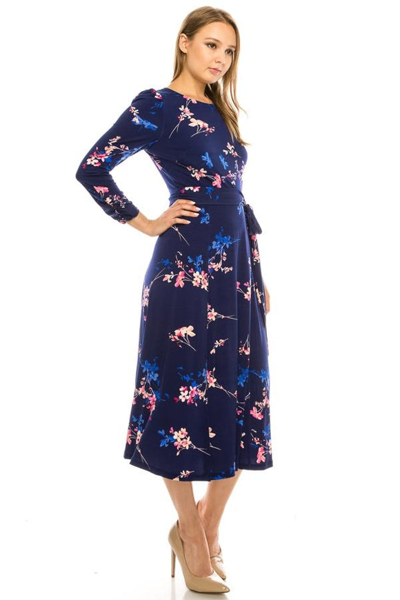 Eliza J Navy Floral Printed Jersey Puff Sleeve Belted Dress