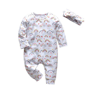2Pcs Newborn Baby Girls Clothes Outfits Set Cute Rainbow Print Cotton Long Sleeve Jumpsuit and Headband Infant Toddler Clothing