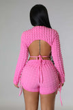 2023 Solid Color Custom Logo Drawstring Knitted Two Piece Set Women Casual