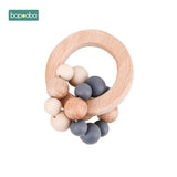 Bopoobo 1PC Baby Toys Beech Wooden Rattle Hand Teething Wooden Ring Can Chew Beads Play Gym BPA