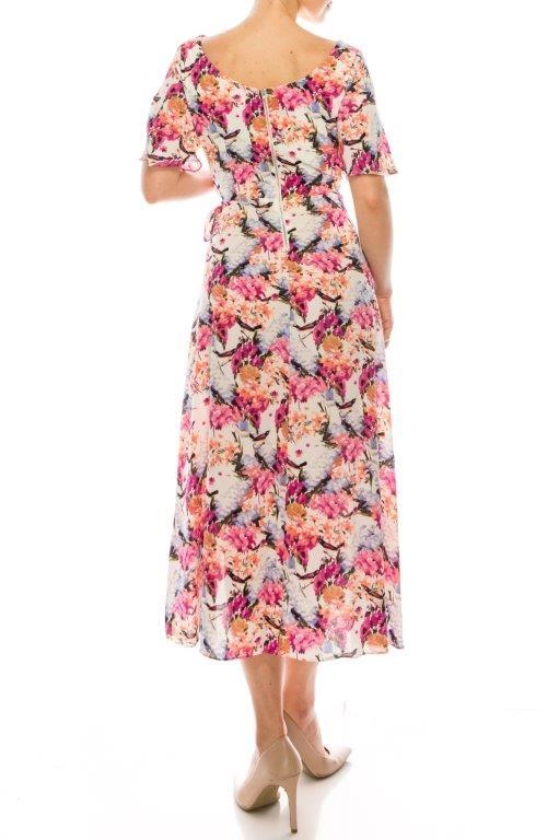 Maison Tara Ivory Pink Floral Print Dress with Flutter Sleeves