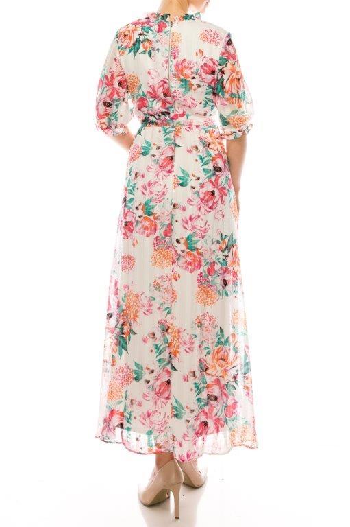 Maison Tara Ivory Multi Floral Print Maxi Dress with Ruffle Cuff