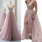 Sexy Tulle Long Prom Dresses New Arrival Backless Sweep Train Beaded A Line Special Occasion Evening Gowns Custom Made