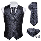 Designer Mens Classic Black Paisley Jacquard Folral Silk Waistcoat Vests Handkerchief Tie Vest Suit Pocket Square Set Barry.Wang