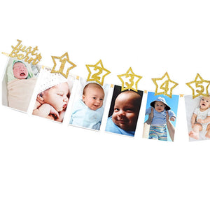 1set Newborn 1-12 Month Baby Photo Banner With Clip Baby Shower Gold Banner 1st Birthday Party Decorations Cartoon Hat