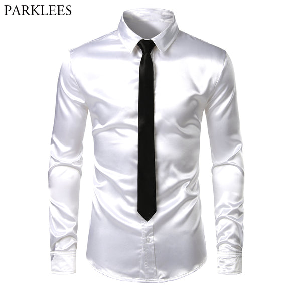 Men's 2 Pieces (Shirt+Tie) White Silk Satin Dress Shirts Slim Fit Long Sleeve Button Down Shirt Male Wedding Party Prom Chemise