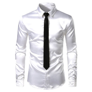 Men's 2 Pieces (Shirt+Tie) White Silk Satin Dress Shirts Slim Fit Long Sleeve Button Down Shirt Male Wedding Party Prom Chemise