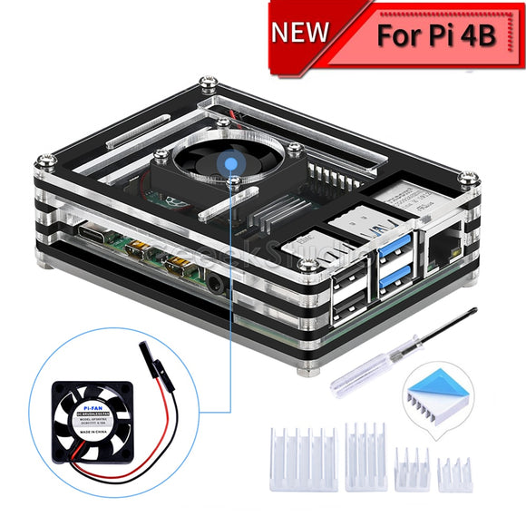 Acrylic Transparent / Clear & Black Case Cover for Raspberry Pi 4 Model B, with Cooling Fan for Raspberry Pi 4B