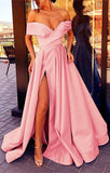 Red Prom Dress Off Shoulder High Slit Long Prom Gown with Pockets