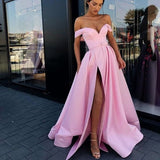 Red Prom Dress Off Shoulder High Slit Long Prom Gown with Pockets