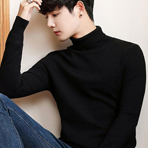 Black Turtleneck Men Knitted Sweater Classic Solid Color Casual Elasticity Pullover Men Sweaters Turtle Neck Long Sleeve